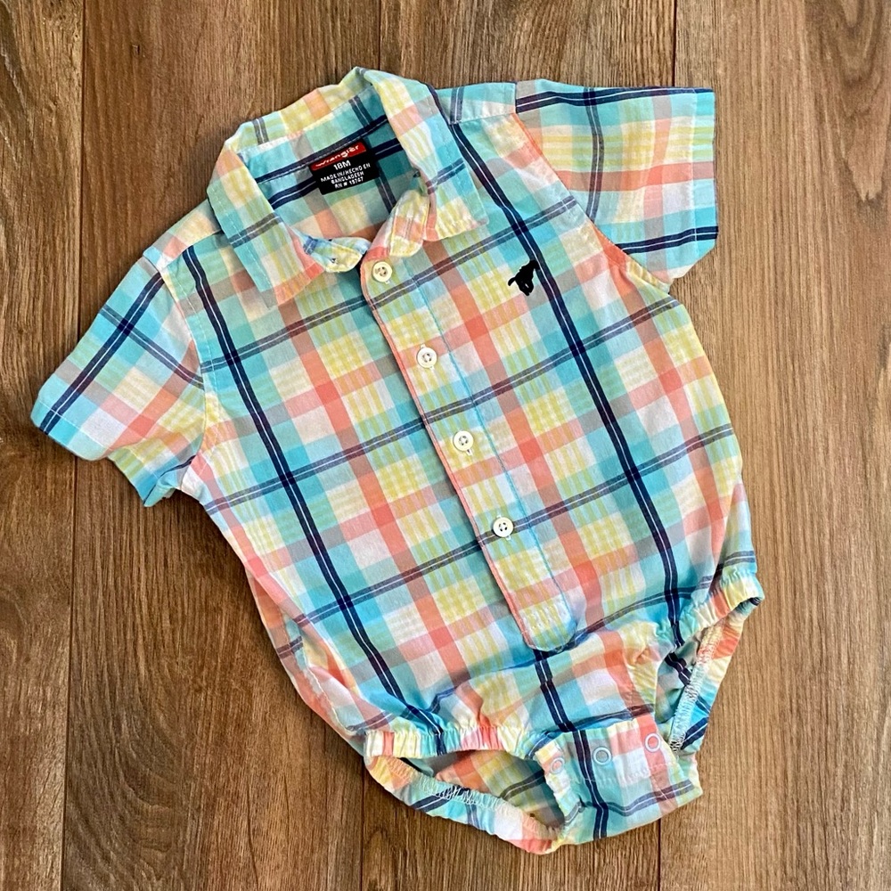 Wrangler onesie dress shirt, 18 months, pink blue yellow pastel plaid